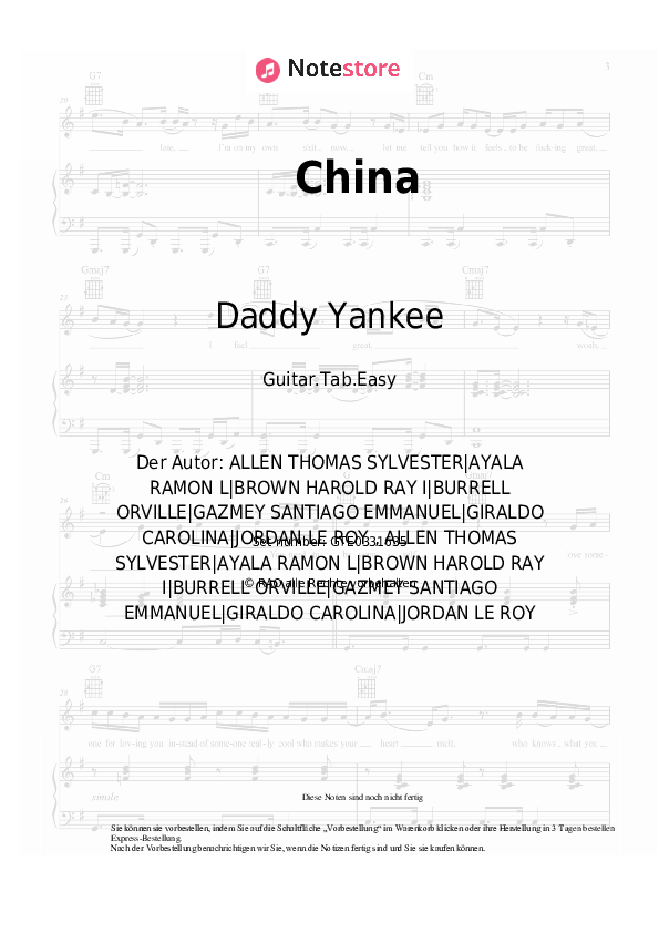 Einfache Tabs Daddy Yankee, J Balvin, Ozuna, Anuel AA, Karol G - China - Gitarre.Tabs.Einfach