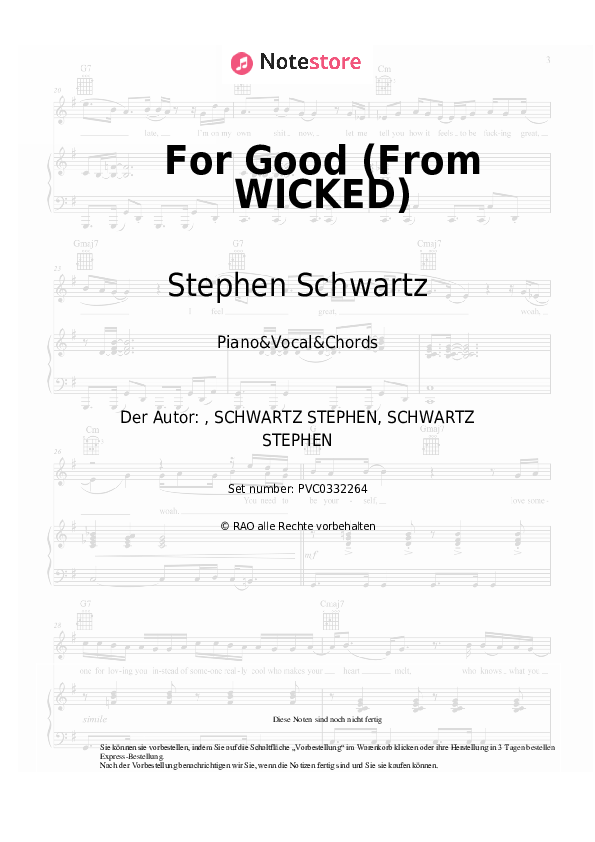 Noten und Akkorde Stephen Schwartz, Idina Menzel, Kristin Chenoweth - For Good (From WICKED) - Klavier&Gesang&Akkorde