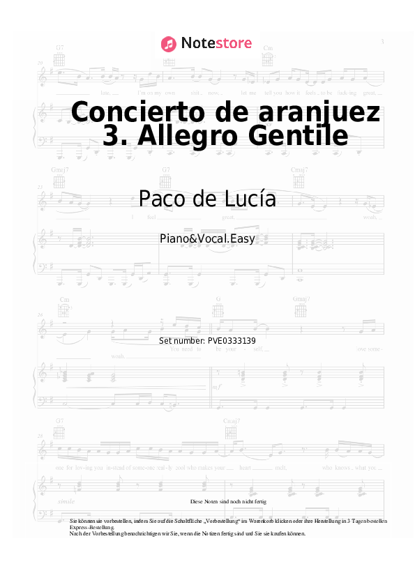 Einfache Noten Paco de Lucía - Concierto de aranjuez 3. Allegro Gentile - Klavier&Gesang.Einfach