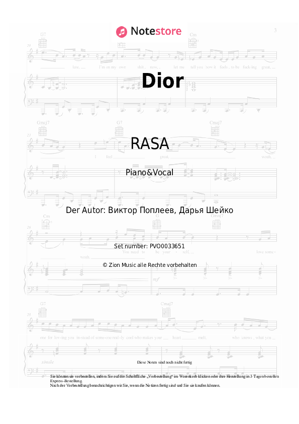 Noten mit Gesang RASA - Dior - Klavier&Gesang