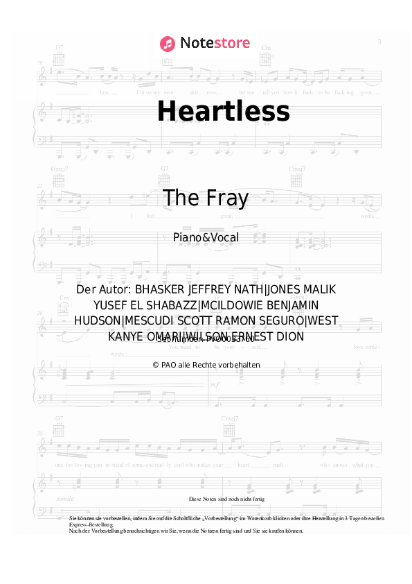 Noten mit Gesang The Fray - Heartless - Klavier&Gesang