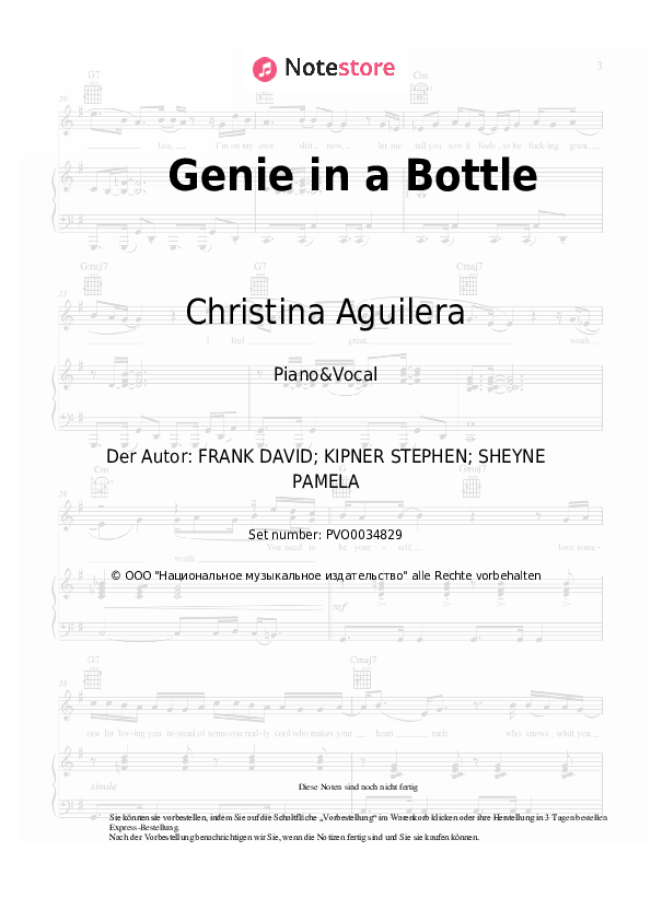 Noten mit Gesang Christina Aguilera - Genie in a Bottle - Klavier&Gesang