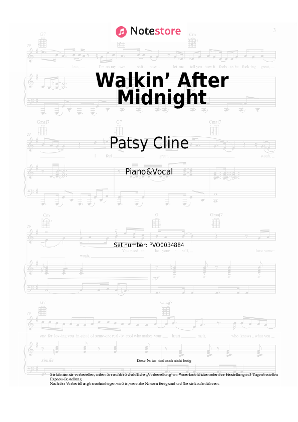 Noten mit Gesang Patsy Cline - Walkin’ After Midnight - Klavier&Gesang