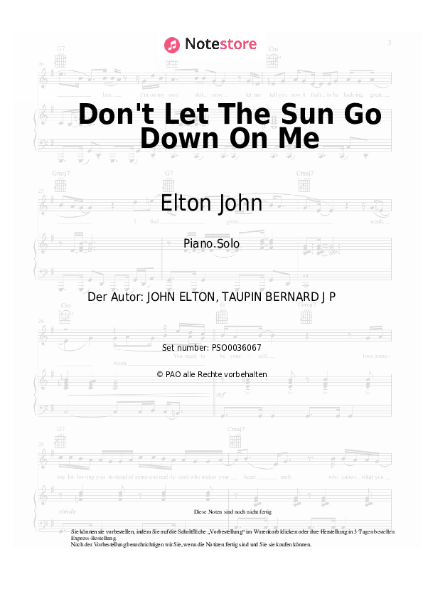 Noten Elton John - Don't Let The Sun Go Down On Me - Klavier.Solo