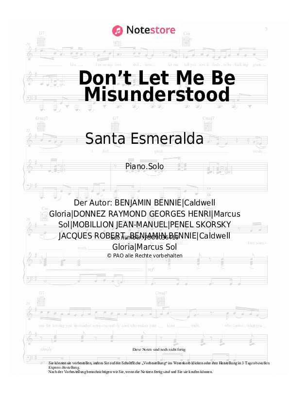 Noten Santa Esmeralda - Don’t Let Me Be Misunderstood - Klavier.Solo