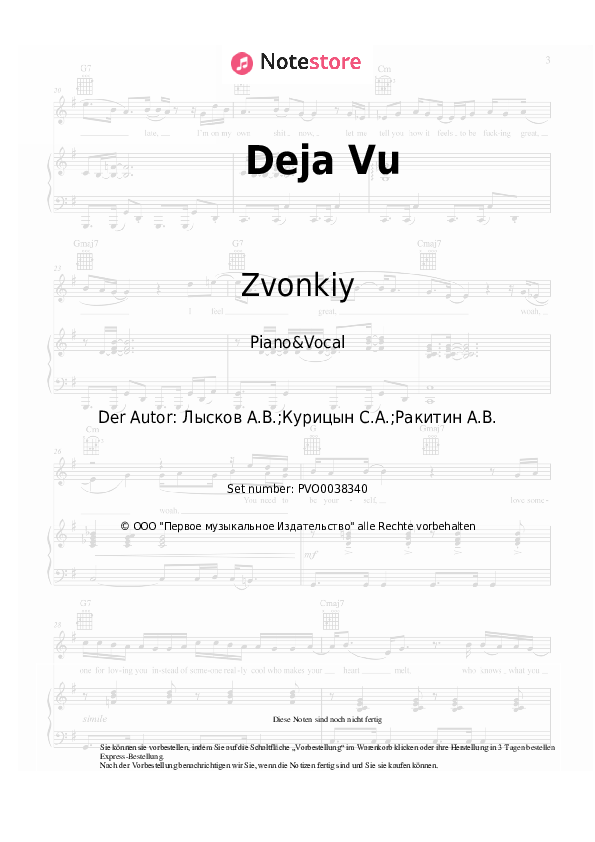 Noten mit Gesang Zvonkiy - Deja Vu - Klavier&Gesang