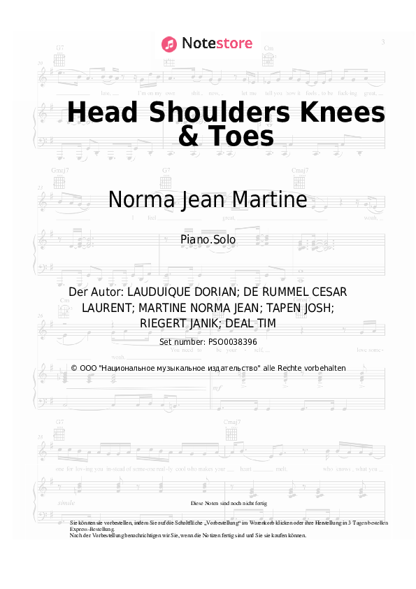 Noten Ofenbach, Quarterhead, Norma Jean Martine - Head Shoulders Knees & Toes - Klavier.Solo