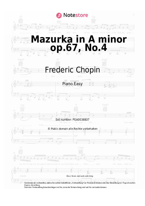Einfache Noten Frederic Chopin - Mazurka in A minor op.67, No.4 - Klavier.Easy