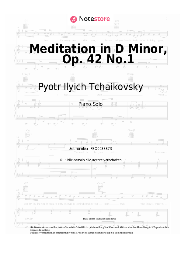 Noten Pyotr Ilyich Tchaikovsky - Meditation in D Minor, Op. 42 No.1 - Klavier.Solo