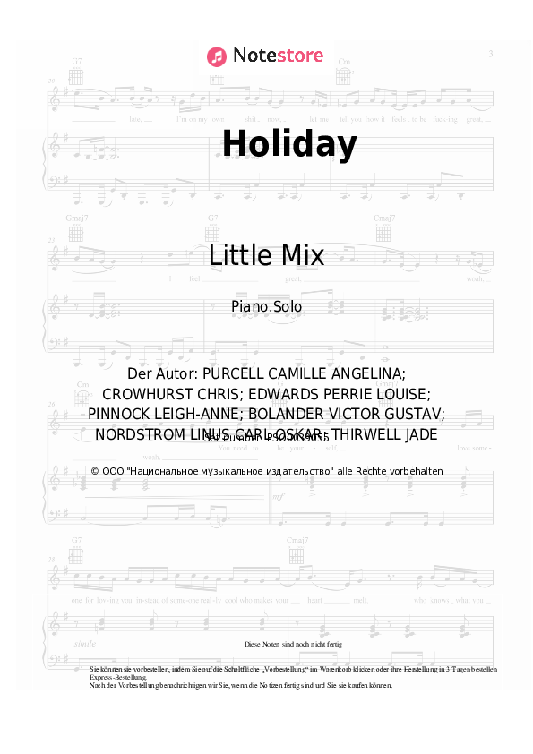 Noten Little Mix - Holiday - Klavier.Solo
