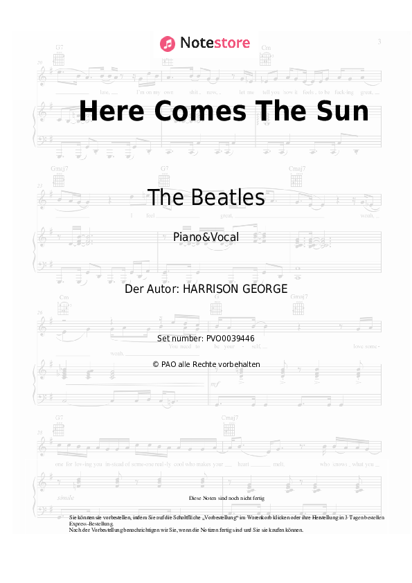 Noten mit Gesang The Beatles - Here Comes The Sun - Klavier&Gesang
