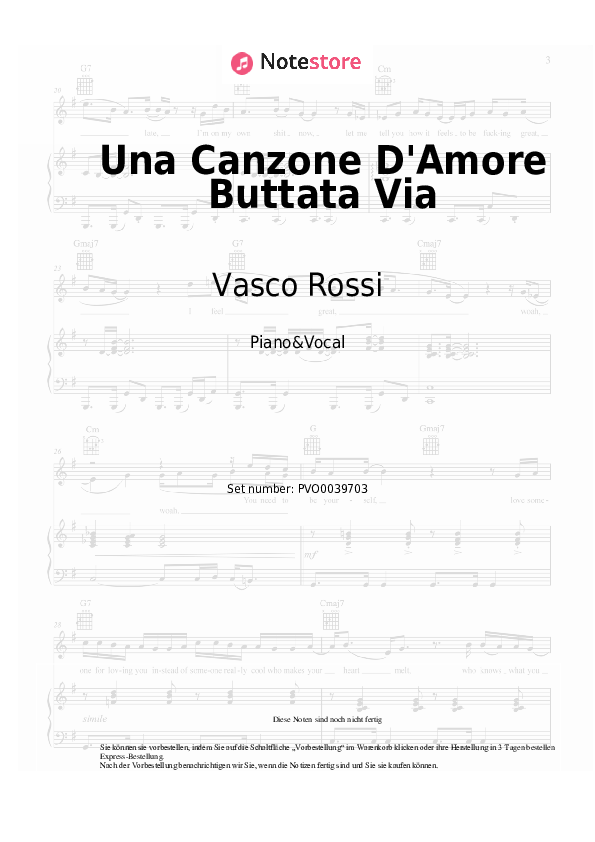 Noten mit Gesang Vasco Rossi - Una Canzone D'Amore Buttata Via - Klavier&Gesang