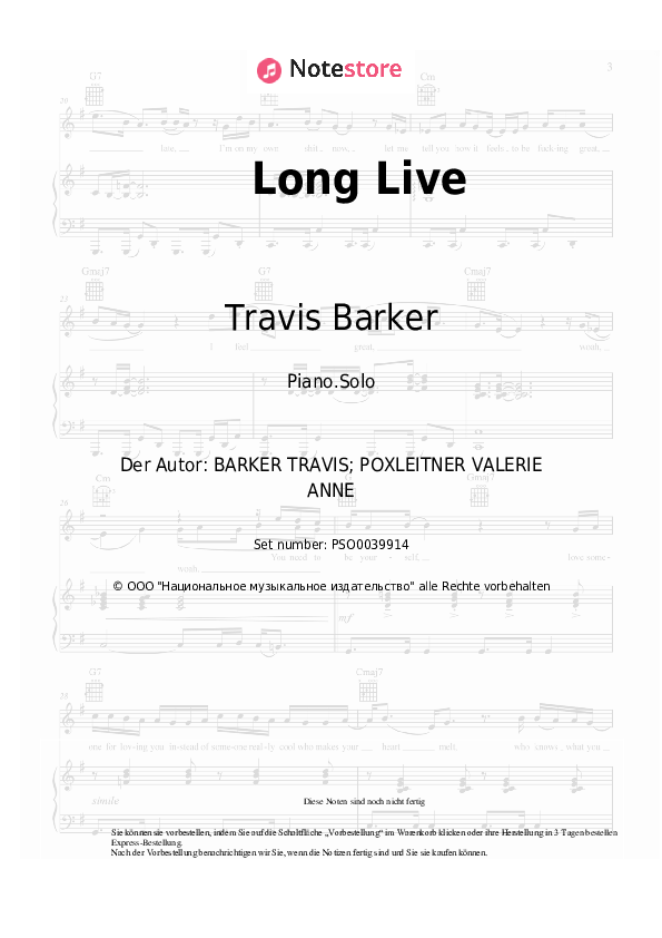 Noten Lights, Travis Barker - Long Live - Klavier.Solo