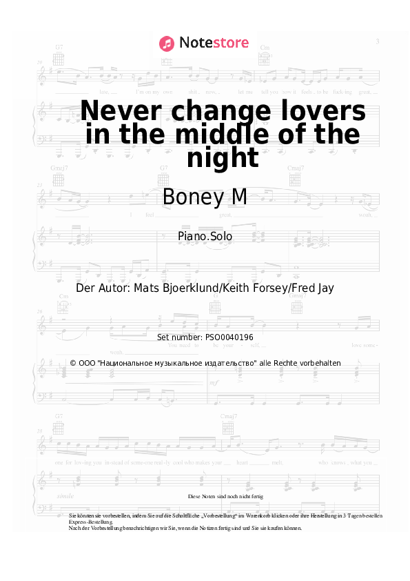 Noten Boney M - Never change lovers in the middle of the night - Klavier.Solo