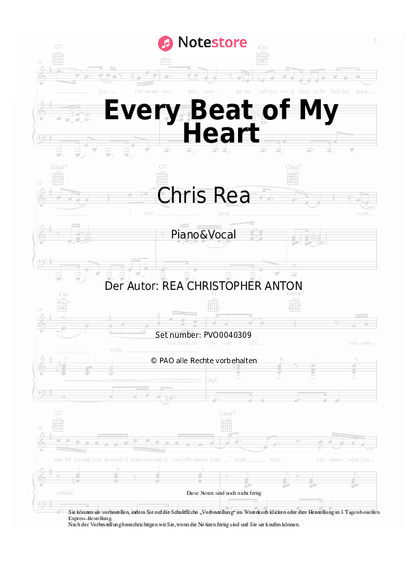 Noten mit Gesang Chris Rea - Every Beat of My Heart - Klavier&Gesang