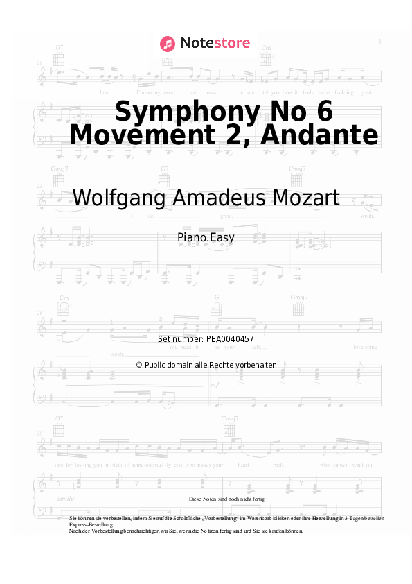 Einfache Noten Wolfgang Amadeus Mozart - Symphony No 6 Movement 2, Andante - Klavier.Easy