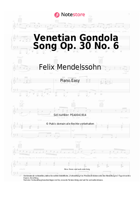Einfache Noten Felix Mendelssohn - Venetian Gondola Song Op. 30 No. 6 - Klavier.Easy