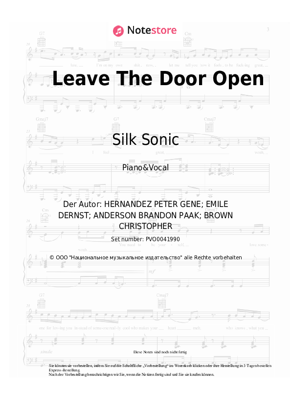 Noten mit Gesang Bruno Mars, Anderson .Paak, Silk Sonic - Leave The Door Open - Klavier&Gesang