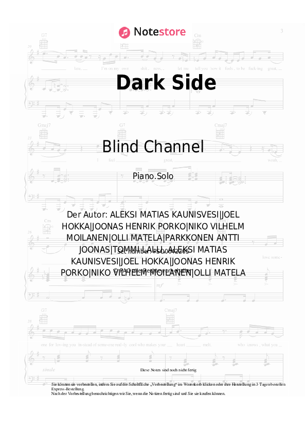 Noten Blind Channel - Dark Side - Klavier.Solo