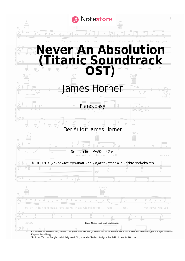 Einfache Noten James Horner - Never An Absolution (Titanic Soundtrack OST) - Klavier.Easy
