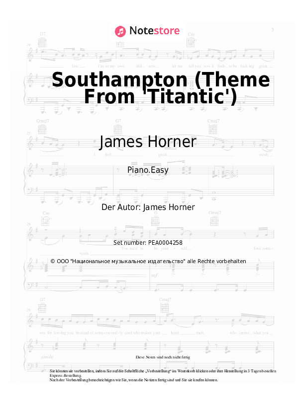 Einfache Noten James Horner - Southampton (Theme From 'Titantic') - Klavier.Easy