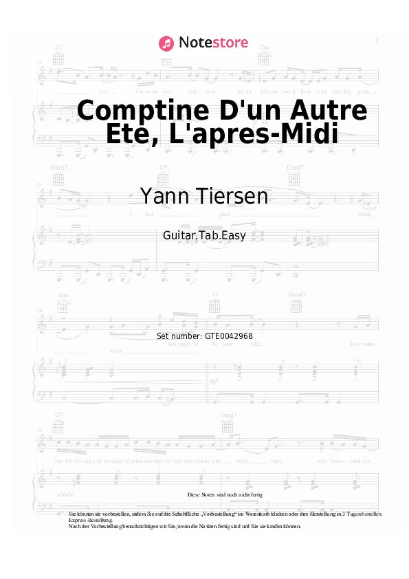 Einfache Tabs Yann Tiersen - Comptine D'un Autre Ete, L'apres-Midi - Gitarre.Tabs.Easy