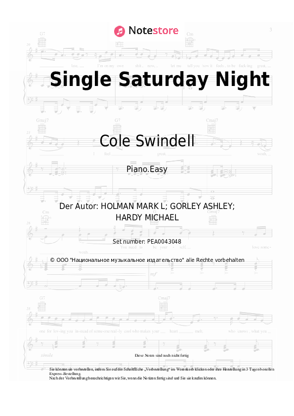 Einfache Noten Cole Swindell - Single Saturday Night - Klavier.Easy