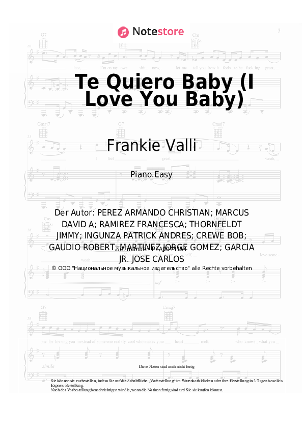 Einfache Noten Chesca, Pitbull, Frankie Valli - Te Quiero Baby (I Love You Baby) - Klavier.Easy