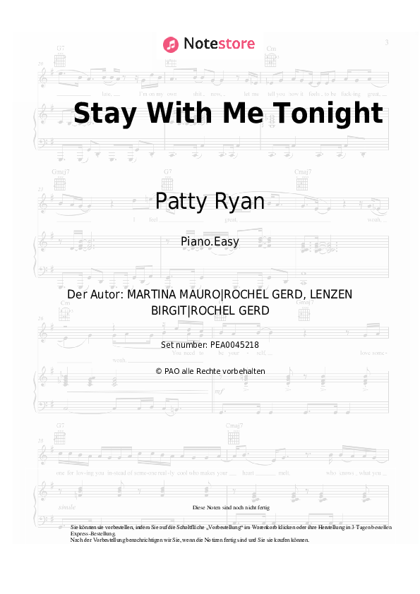 Einfache Noten Patty Ryan - Stay With Me Tonight - Klavier.Easy