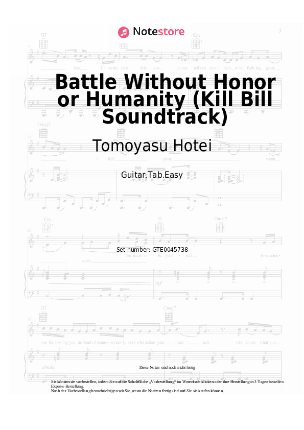 Tomoyasu Hotei - Battle Without Honor or Humanity (Kill Bill Soundtrack) Noten für Piano