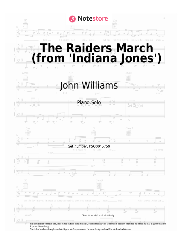 Noten John Williams - The Raiders March (from 'Indiana Jones') - Klavier.Solo