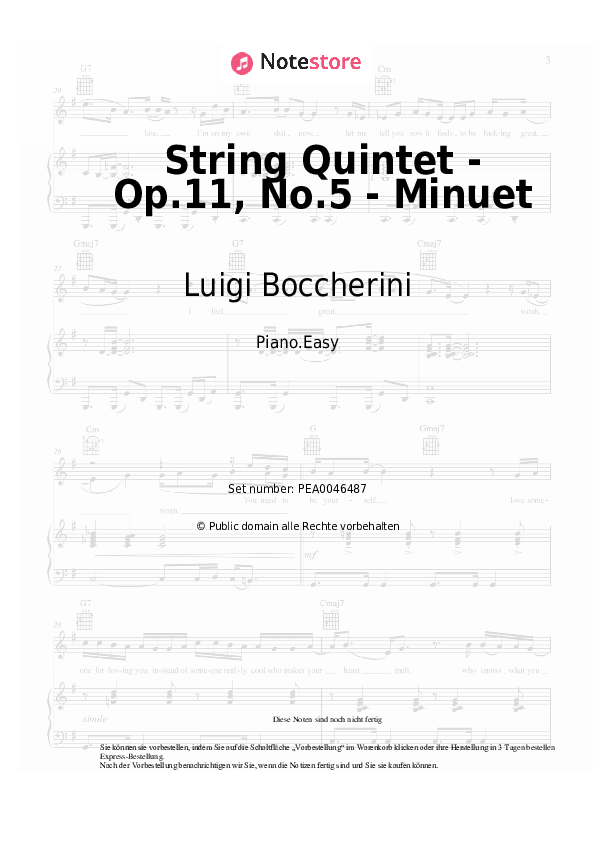 Einfache Noten Luigi Boccherini - String Quintet - Op.11, No.5 - Minuet - Klavier.Easy