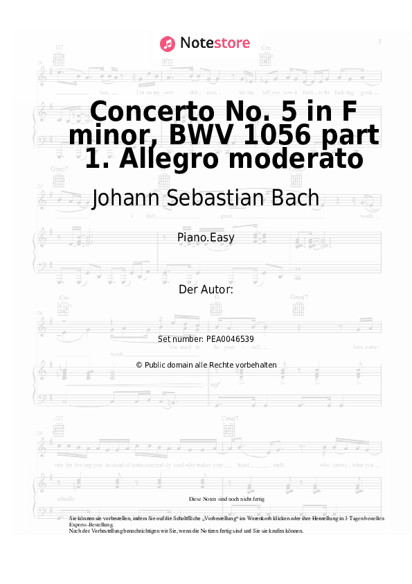 Einfache Noten Johann Sebastian Bach - Concerto No. 5 in F minor, BWV 1056 part 1. Allegro moderato - Klavier.Easy