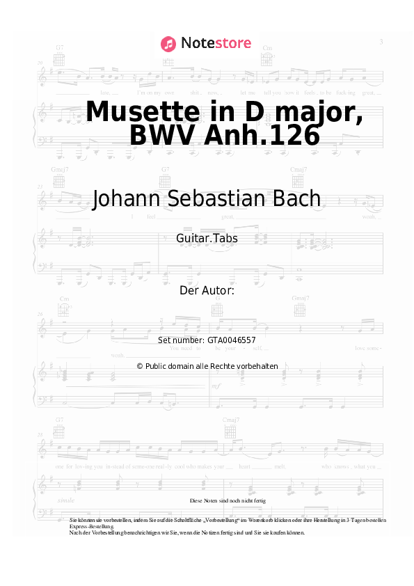 Tabs Johann Sebastian Bach - Musette in D major, BWV Anh.126 - Gitarre.Tabs
