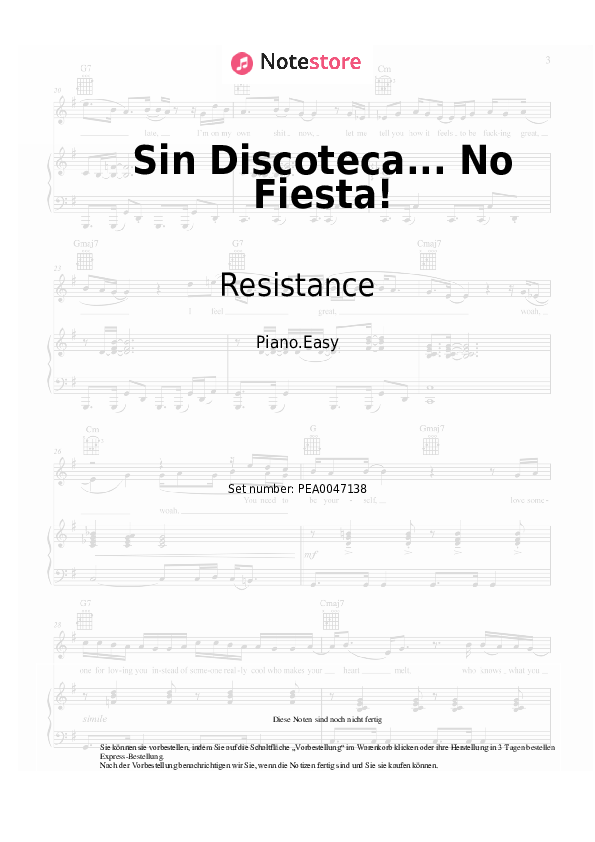 Einfache Noten Resistance - Sin Discoteca... No Fiesta! - Klavier.Easy