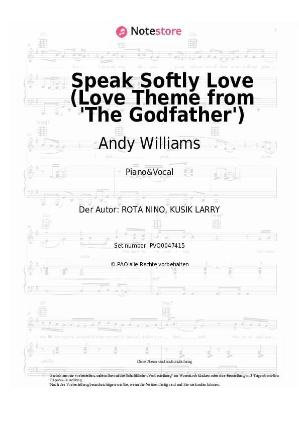 Noten mit Gesang Nino Rota, Andy Williams - Speak Softly Love (Love Theme from 'The Godfather') - Klavier&Gesang