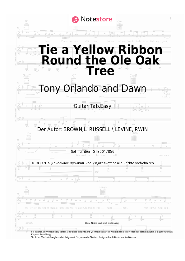 Einfache Tabs Tony Orlando and Dawn - Tie a Yellow Ribbon Round the Ole Oak Tree - Gitarre.Tabs.Easy
