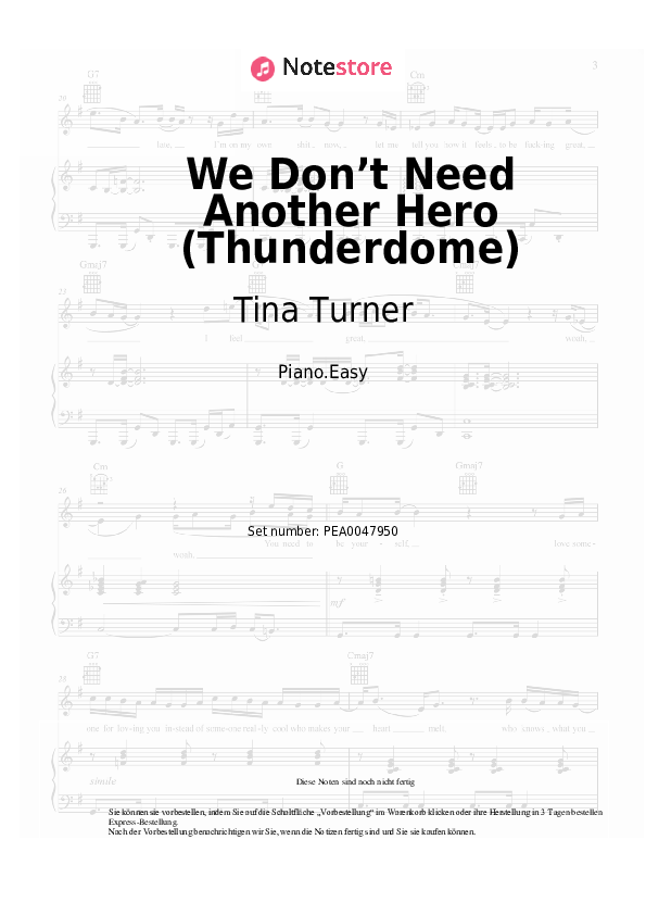 Einfache Noten Tina Turner - We Don’t Need Another Hero (Thunderdome) - Klavier.Easy