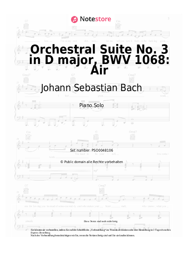 Noten Johann Sebastian Bach - Orchestral Suite No. 3 in D major, BWV 1068: Air - Klavier.Solo