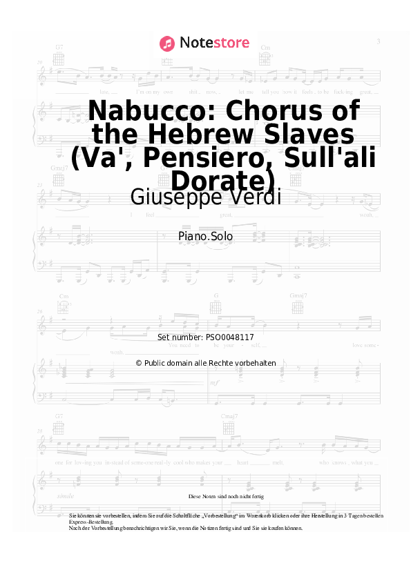 Noten Giuseppe Verdi - Nabucco: Chorus of the Hebrew Slaves (Va', Pensiero, Sull'ali Dorate) - Klavier.Solo
