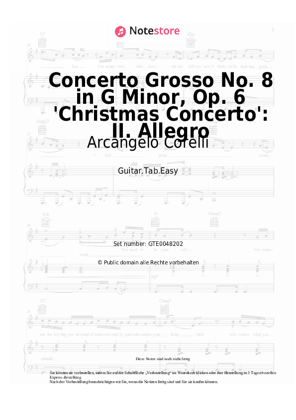 Einfache Tabs Arcangelo Corelli - Concerto Grosso No. 8 in G Minor, Op. 6 'Christmas Concerto': II. Allegro - Gitarre.Tabs.Easy