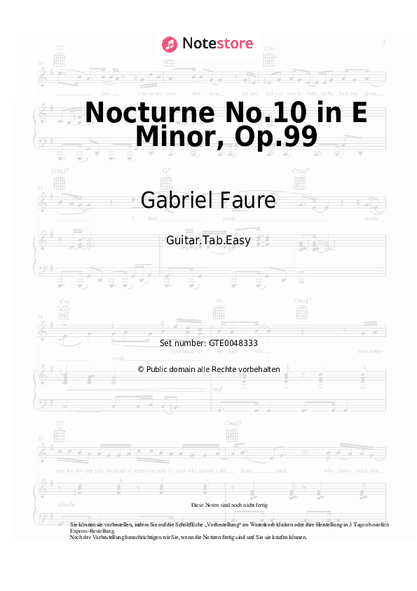 Einfache Tabs Gabriel Faure - Nocturne No.10 in E Minor, Op.99 - Gitarre.Tabs.Easy