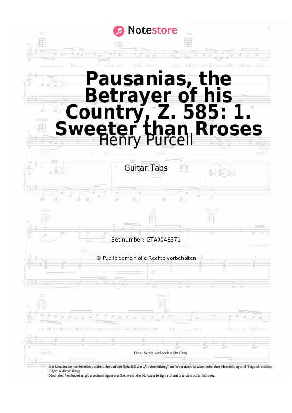 Tabs Henry Purcell - Pausanias, the Betrayer of his Country, Z. 585: 1. Sweeter than Rroses - Gitarre.Tabs