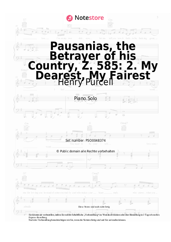 Noten Henry Purcell - Pausanias, the Betrayer of his Country, Z. 585: 2. My Dearest, My Fairest - Klavier.Solo