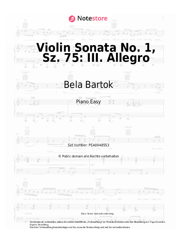 Einfache Noten Bela Bartok - Violin Sonata No. 1, Sz. 75: III. Allegro - Klavier.Easy