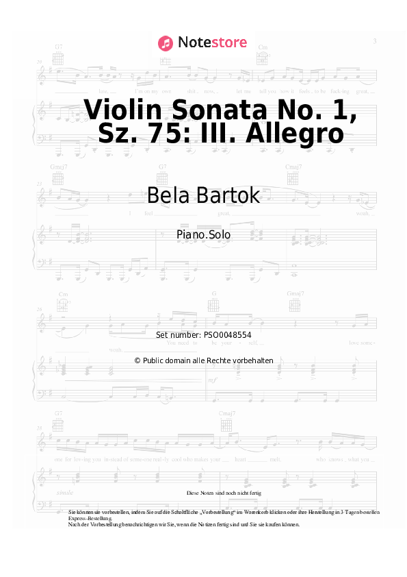 Noten Bela Bartok - Violin Sonata No. 1, Sz. 75: III. Allegro - Klavier.Solo