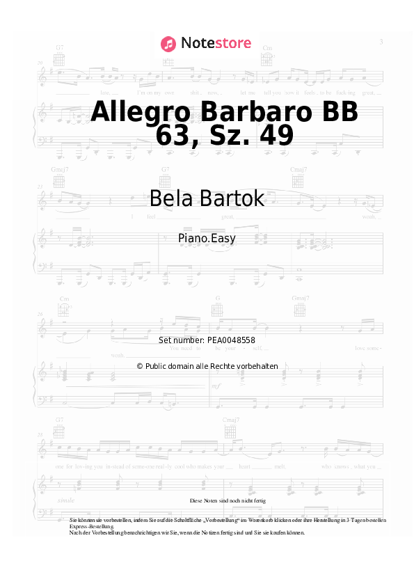 Einfache Noten Bela Bartok - Allegro Barbaro BB 63, Sz. 49 - Klavier.Easy