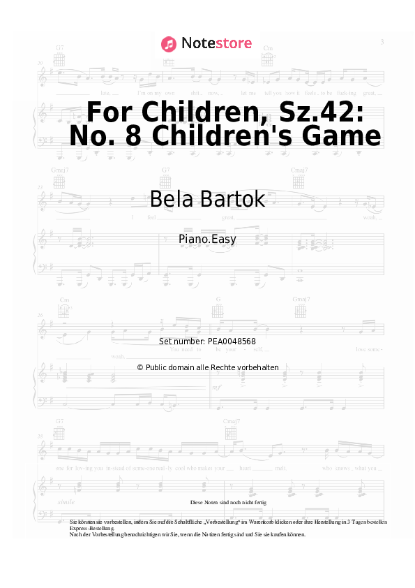Einfache Noten Bela Bartok - For Children, Sz.42: No. 8 Children's Game - Klavier.Easy