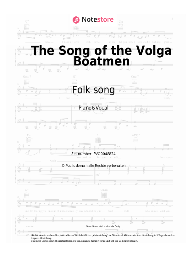 Noten mit Gesang Folk song - The Song of the Volga Boatmen - Klavier&Gesang
