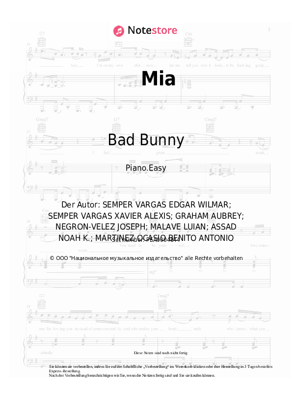 Einfache Noten Drake, Bad Bunny - Mia - Klavier.Easy